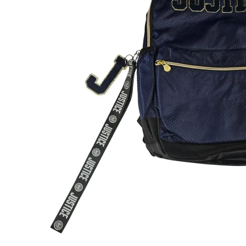 NWT Justice Girls 17” Backpack with Lanyard - Navy Blue Gold, Back to School